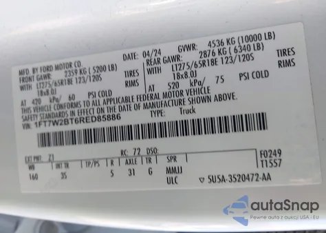 2024 Ford F-250 Xlt from USA, damaged, VIN 1FT7W2BT6RED85886